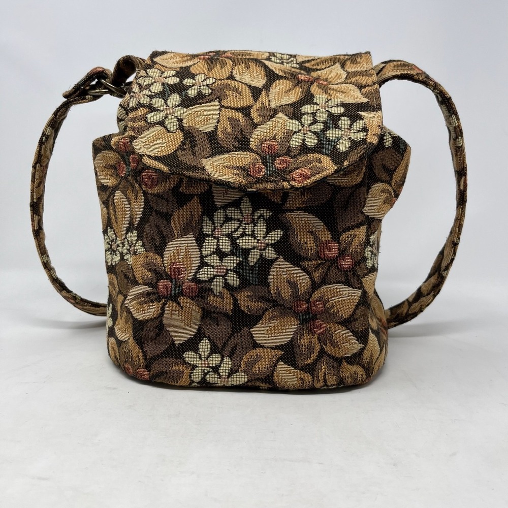 Vtg Floral Tapestry Shoulder Bag Brown Forest Fairy Crossbody Made in Texas USA